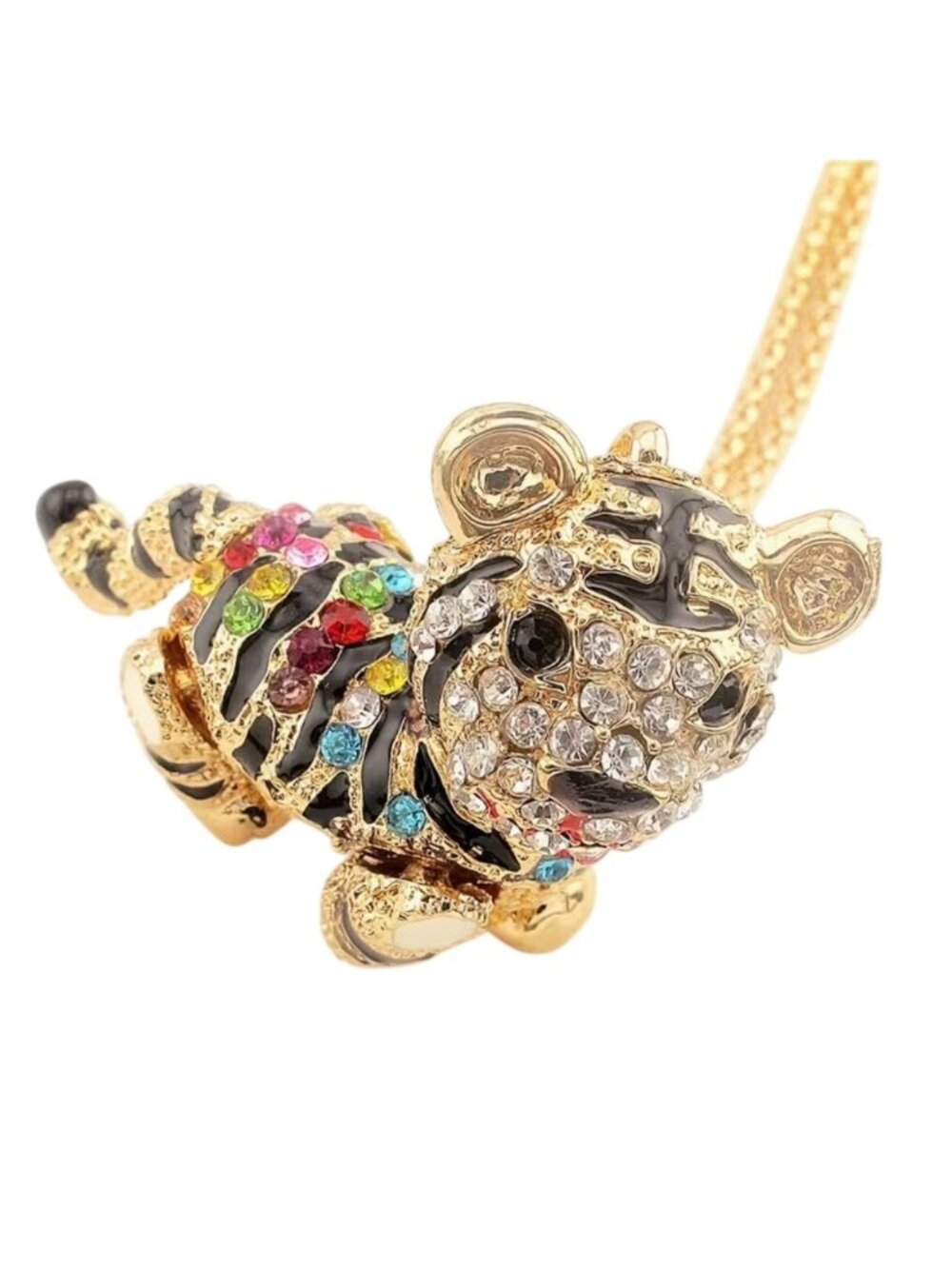 Crystal Tiger Pendant Necklace Gold Tone